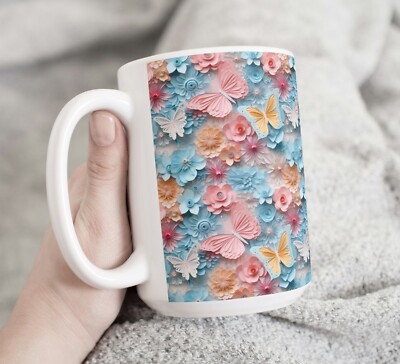 Paper Flowers & Butterflies Coffee Tea Mug Cup 15 Oz Ceramic by Mugzan