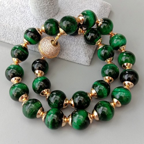 14mm Green Tigers Eye Smooth Round Necklace 18.5" Cz pave Clasp - Picture 4 of 7
