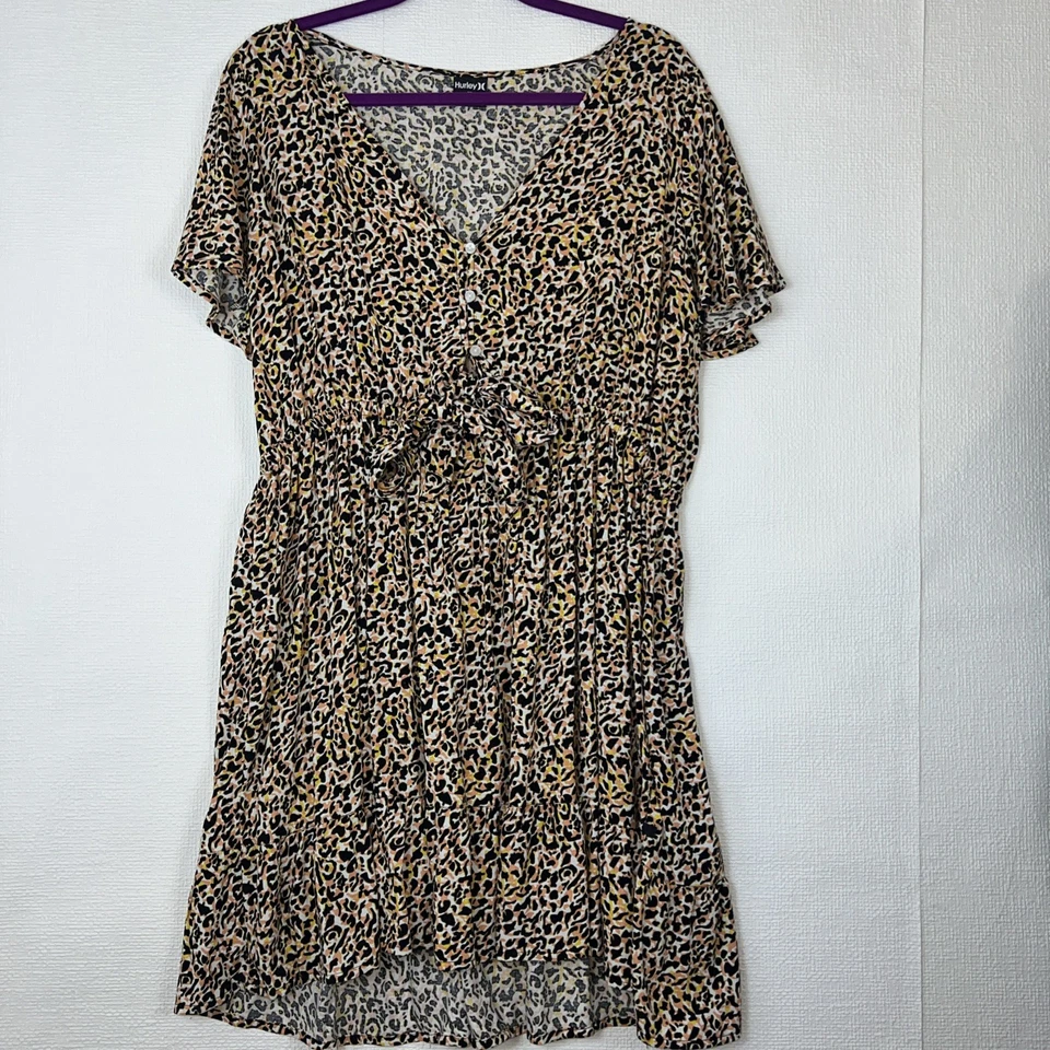 Hurley Flirty Dress Wild Party Women’s XL Animal Print V Neck Ruffle Hem - Image 2 of 4