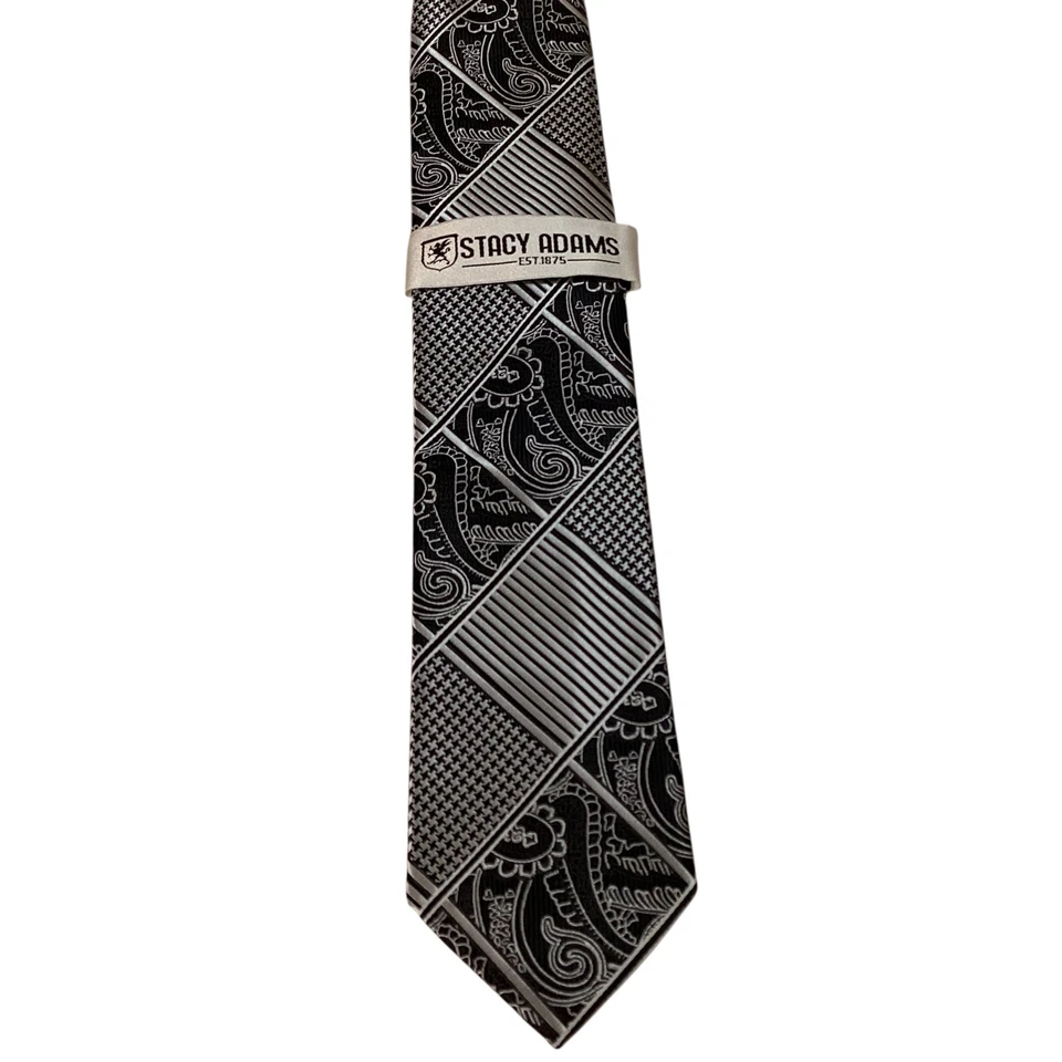 STACY ADAMS Men's Necktie & Pocket Square Set Designer Geometric Black/Gray NWT - Image 2 of 4