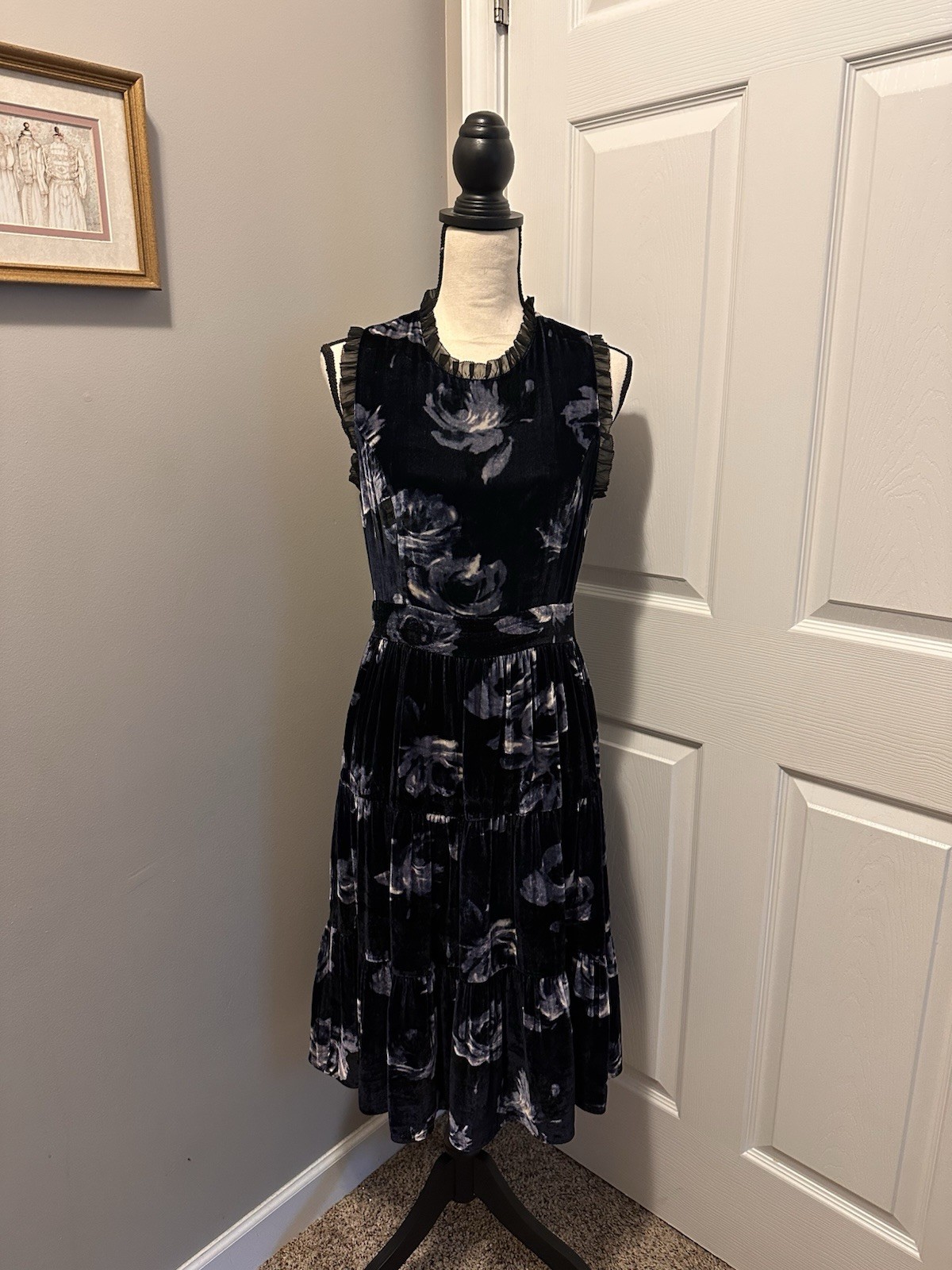 ✨Kate Spade New York Night Rose Ruffle-trim Velvet Dress Navy Size 6 NWT Flowy