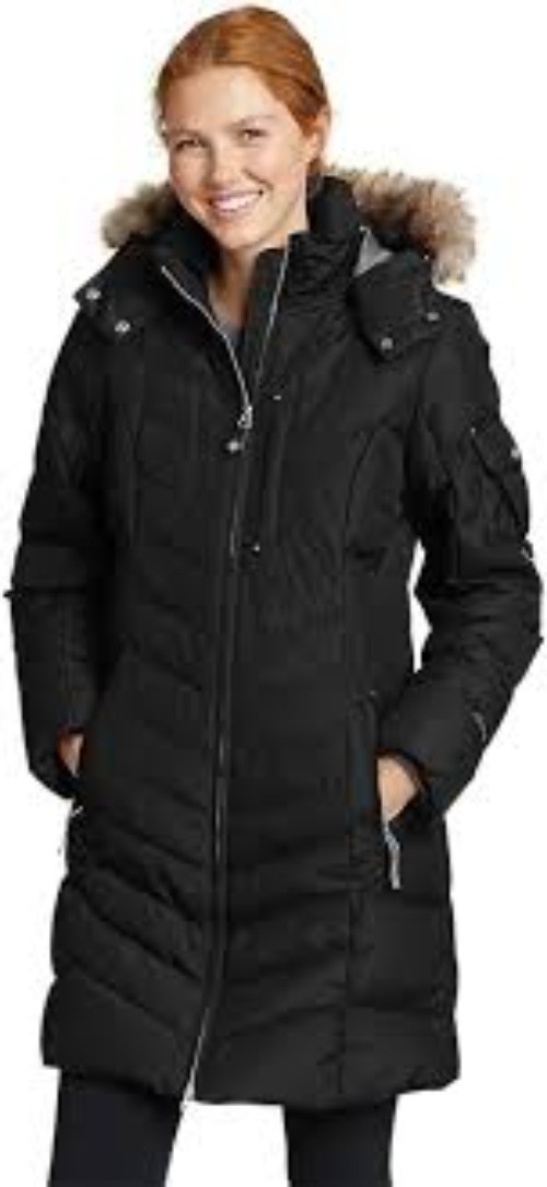 Eddie Bauer Women’s S Black Long Quilted Puffer Jacket Down Parka Faux Fur Hood