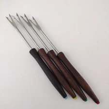 Vintage Mid-Century Stainless Steel Fondue Forks Set of 4 Teak Wood Handles 7"