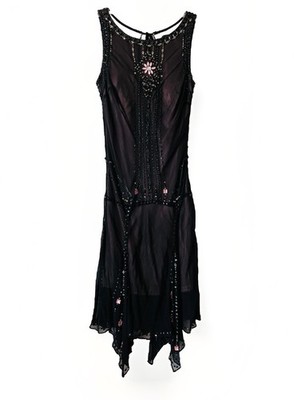 Vintage Sue Wong Nocturne Size 10 Beaded Drop-Waist Dress w/Shawl Y2K Silk Black