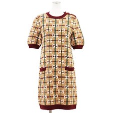 GUCCI Knit Dress GG Supreme 100%-Wool Mid-gauge Women Size Medium Camel Burgundy