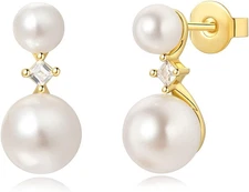 Pearl Stud Earrings for Women, 14K Gold Plated Hypoallergenic Dainty Small Shell