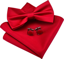 Mens Solid Color Double Fold Pre-tied Bow Tie and Pocket Square Cufflink Set wit