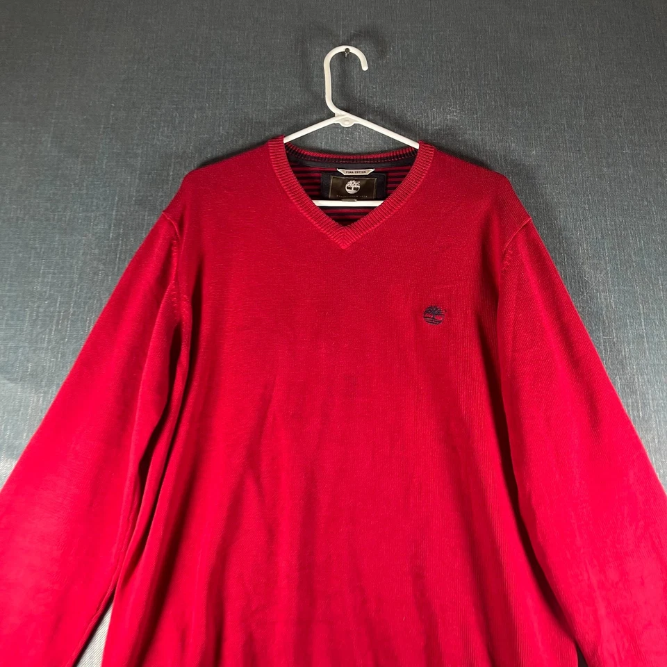 Suéter Timberland Para Hombre Talla L Rojo Cuello en V Codo Parche Pullover Logo Pima Algodón Foto 2 de 4