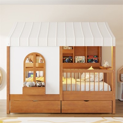 Full Size Wood House Bed w/2 Drawers,Tent,Bookshelf & LED Kids Dream House Frame