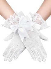 Women Lace Gloves Tea Party Wedding Gloves Bow Short Evening White Rhinestones