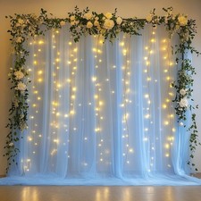 Tulle Backdrop Curtain With Lights String 10x8 FT Baby Blue Sheer Wedding