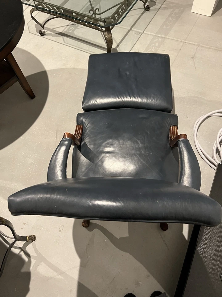 Hickory Furniture Chaise/lounge Style Carved Mahogany Armchair ottoman leather - Image 2 of 4