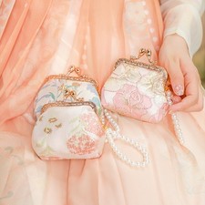 Pochette Mini Chinoise Brocart Multicolore Perles Faux, Fermoir à Bascule
