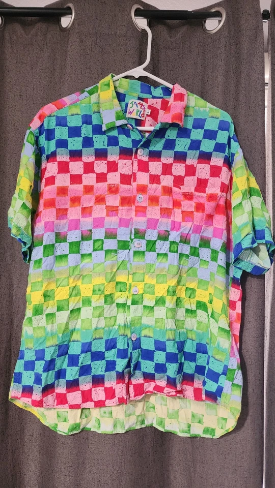 Jams World Vintage Men's Size Large Neon Colorful Geometric Button Front Shirt - Image 3 of 4