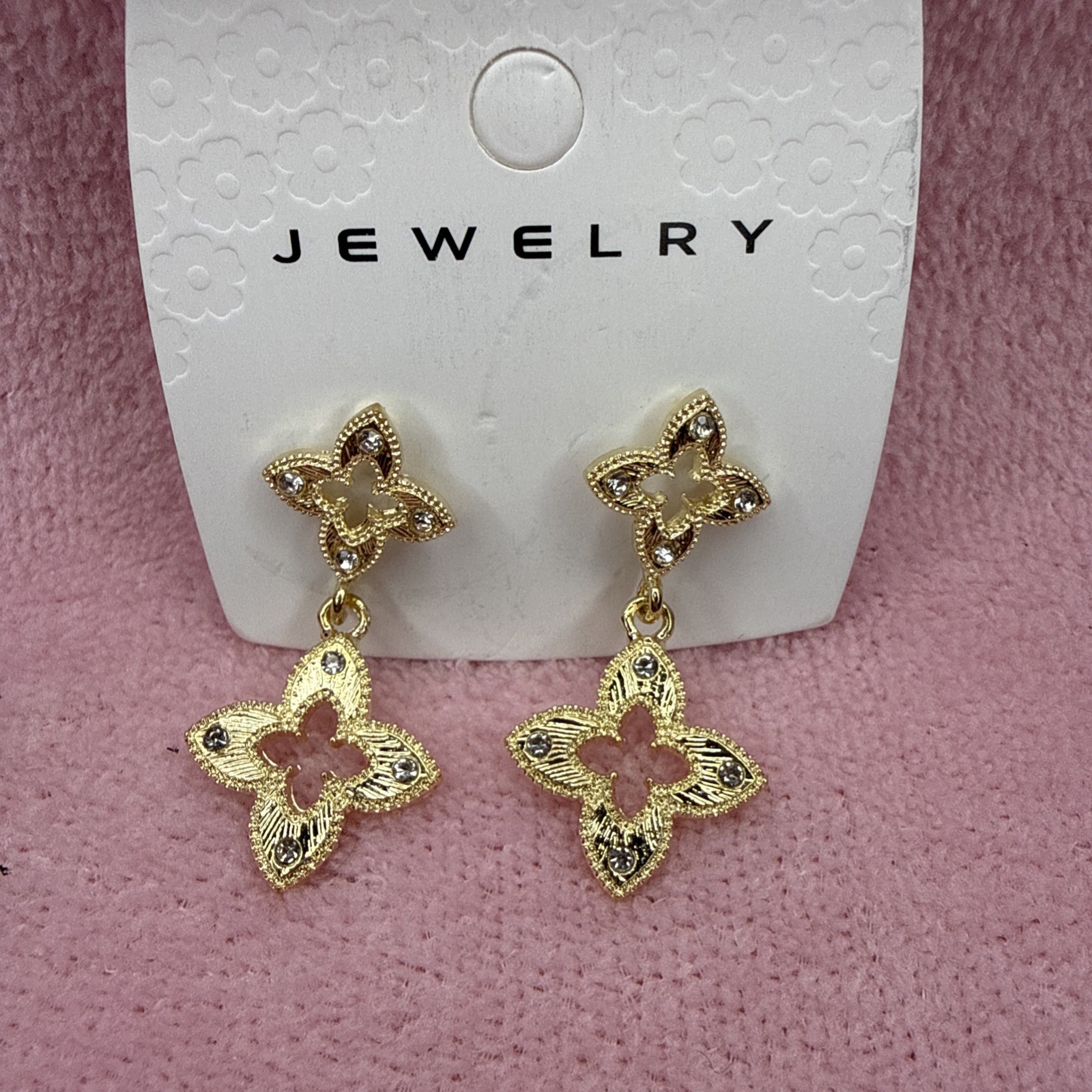 Gold Tone Floral Dangle Earrings With Clear Stones