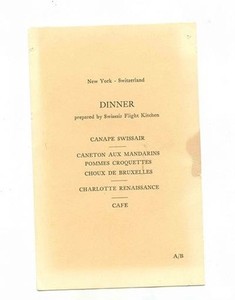 Swissair In Flight Dinner Menu New York to Switzerland
