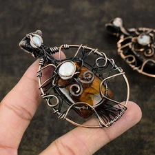 Fire Labradorite, Moonstone Gemstone Copper Wire Wrap Jewelry Pendant 3.35" y598