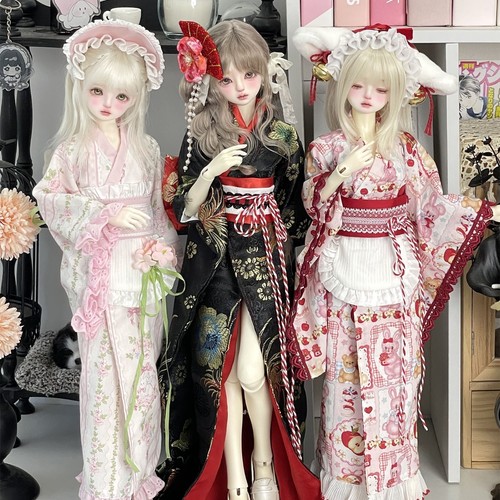 Japanese Kimono Outfit Set for 1/4 BJD Doll Dress+Apron+Headwear+Belt