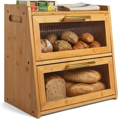 Gennua XL Bamboo Bread Box Countertop 2-Layer w/ Frosted Acrylic Panels Wood