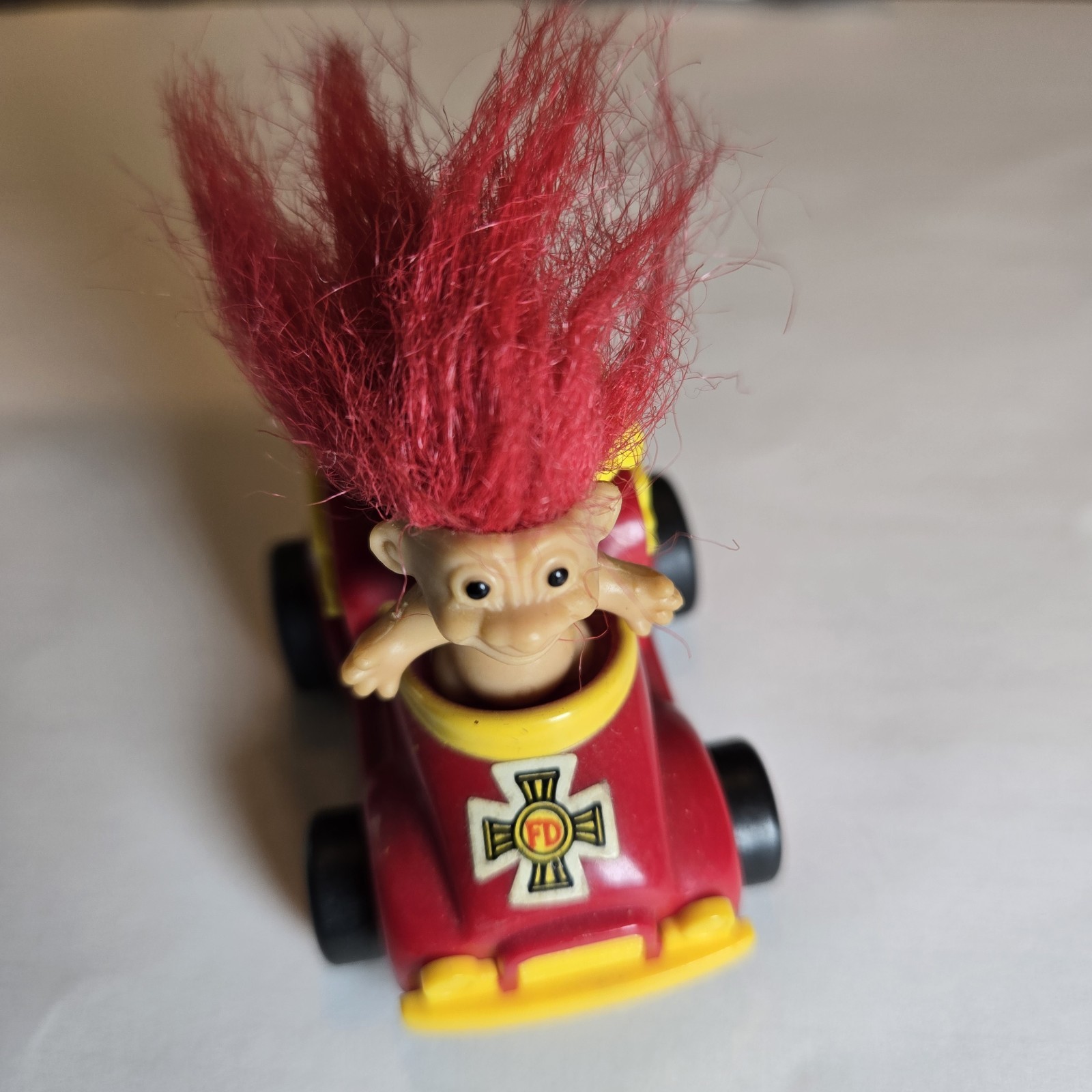 RUSS SL Red Hair Troll Driving Fire Truck Pull Back Toy 2" x 1.5" Rare Find
