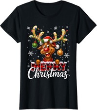 Merry Christmas Cute Reindeer Plaid Pajamas Xmas Ladies' Crewneck T-Shirt