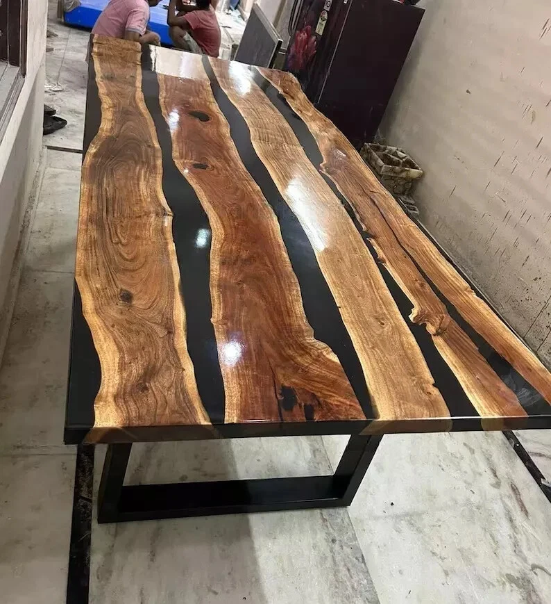 Black Epoxy Resin Center Sofa Dining Table Top Handmade Wooden Live Edge Decors - Image 3 of 4