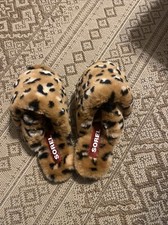 Sorel Run Faux Fur Leopard Print House Slippers Indoor/Outdoor Slides 6 NWOT
