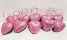 Valentines Pink Glitter Hearts 1.5" Ornaments Decorations Decor Set of 10
