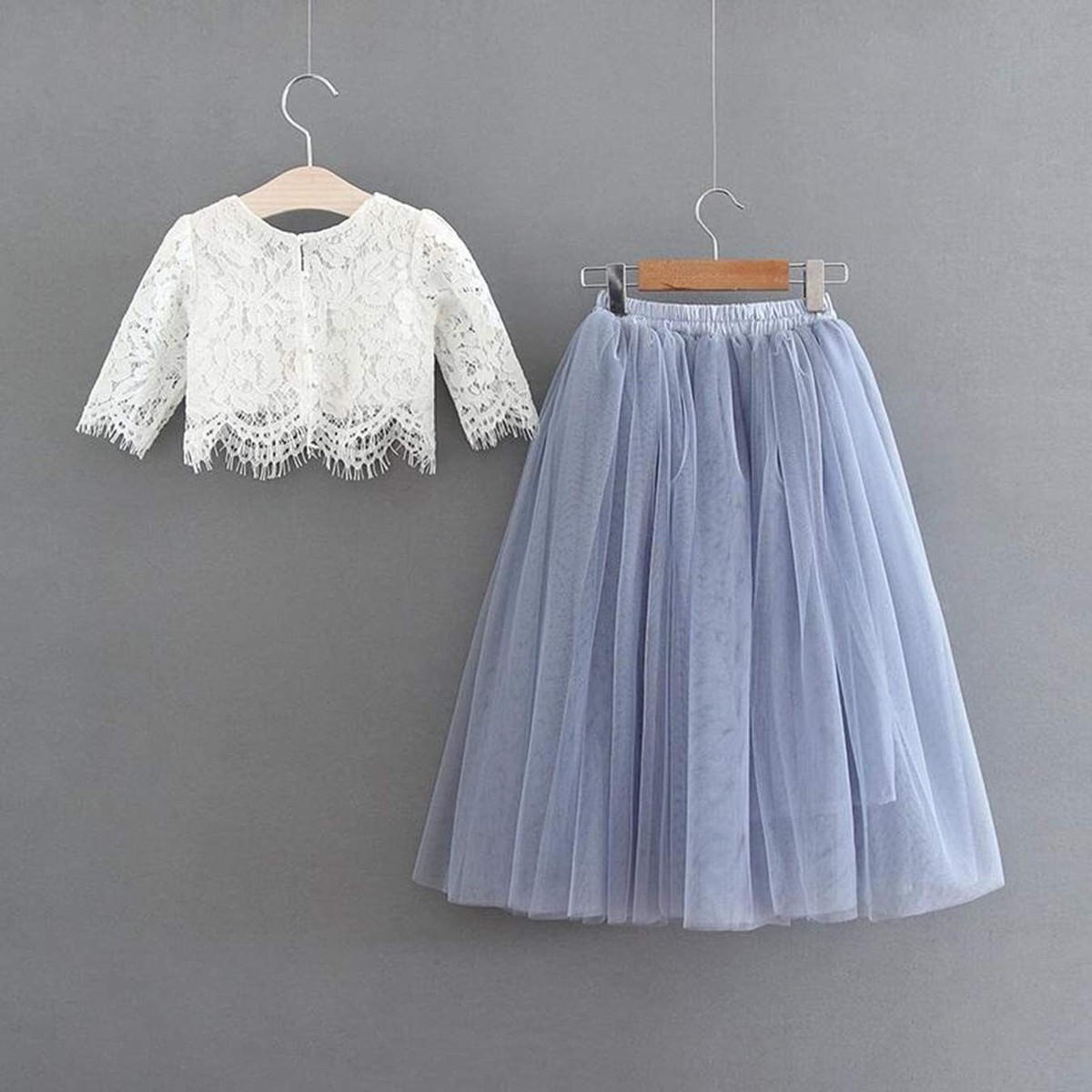 Girl Floral Lace Top Tulle Skirt Little Flower Girl Dress Piece Outfit Set