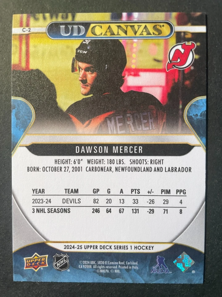 Dawson MERCER 2024-25 Upper Deck Series 1 UD Canvas #C-2 New Jersey Devils - Image 2 of 2