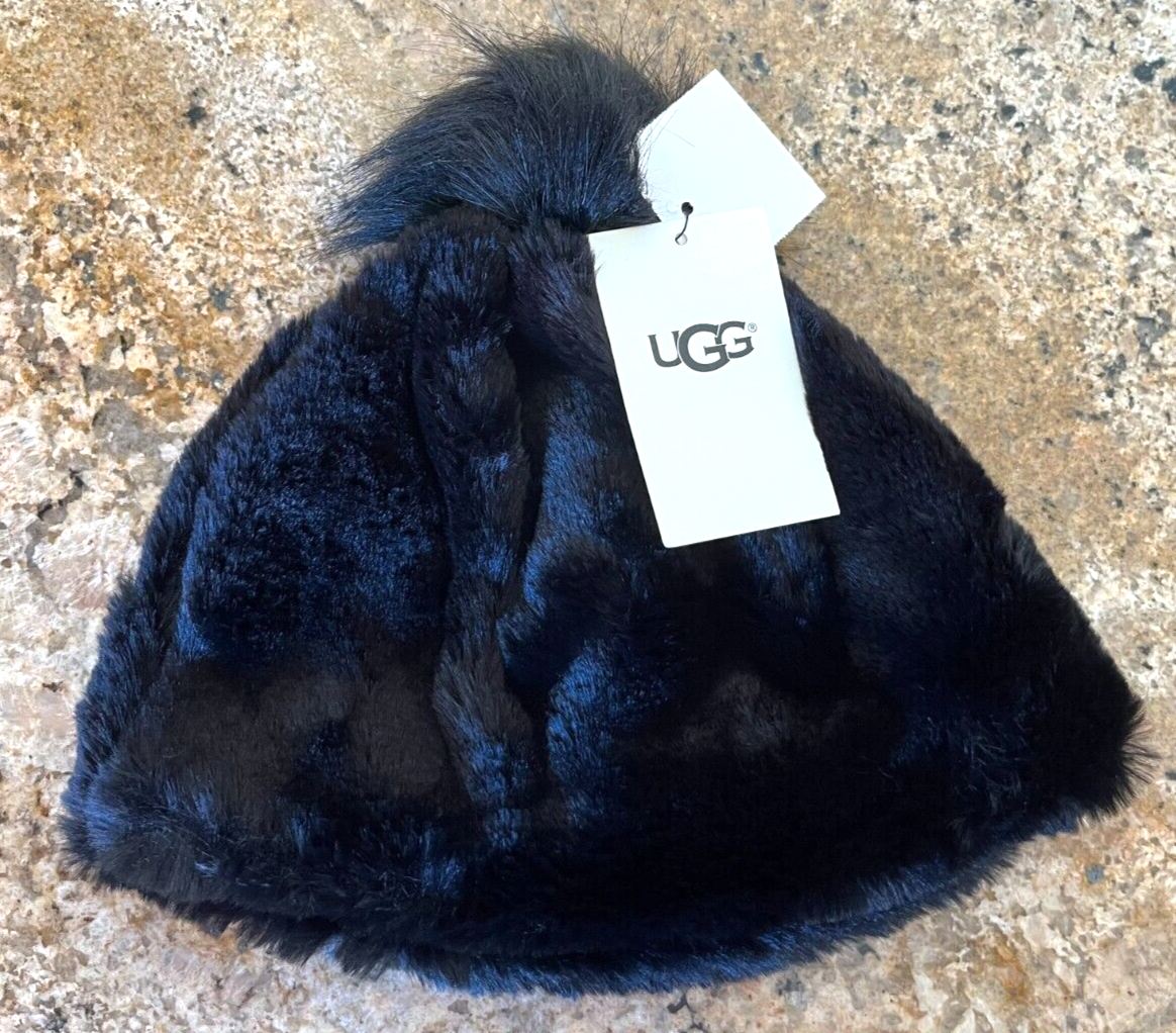 NWT UGG KIDS FAUX FUR BEANIE WITH POM POM BLACK | eBay display picture 2