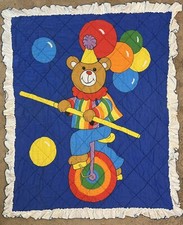 Vintage Quilted Crib Blanket Bear Riding Tricycle w/ Balloons 80s - 36 X 45