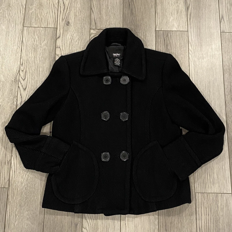 Chaquetón Mossimo mezcla de lana con botones para mujer talla pequeña chaqueta forrada negra Foto 2 de 4