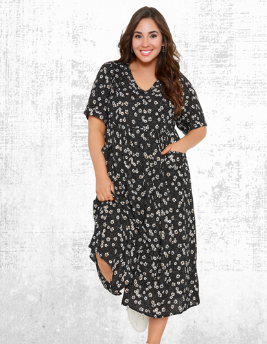 Ex Women’s Plus Size Curve Print Smock Midaxi Dress in Black Daisy A Bit Defect - Picture 2 of 5