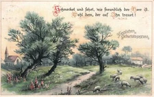 Landscape Painting Sheep Pasture Trees Grass Fence Vintage Postcard