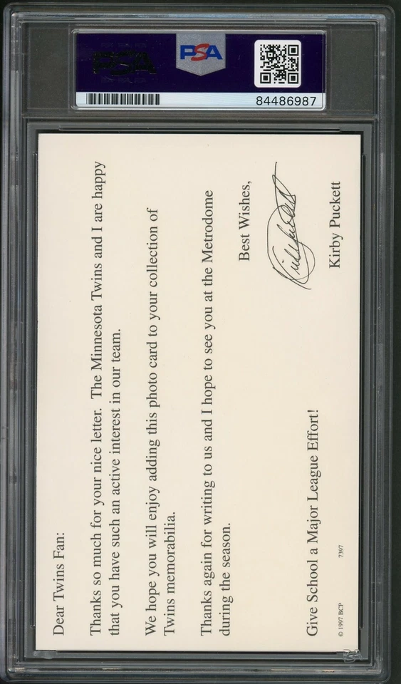 Kirby Puckett Signed Postcard PSA GEM MINT 10 Autograph PSA/DNA Minnesota Twins - Image 2 of 2