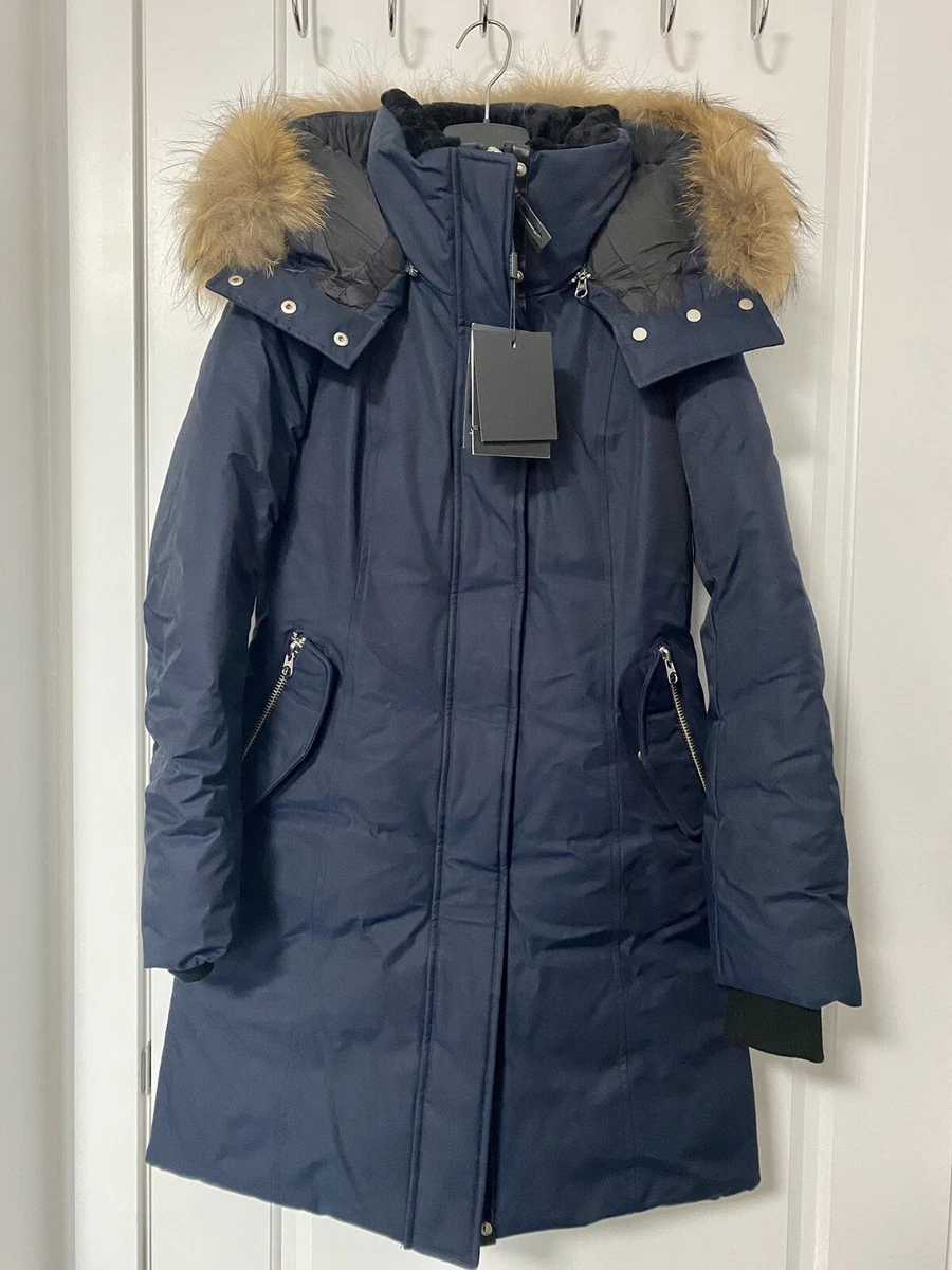 Mackage Kerry Navy Fur Trim Hood Down Mid-Length Parka Coat - XS NEW