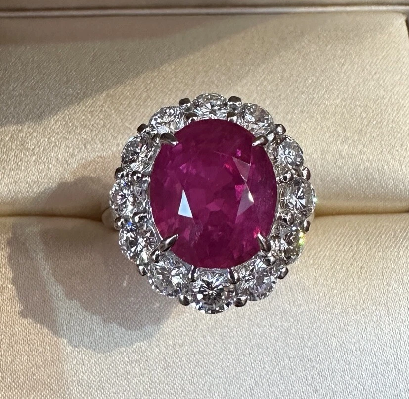 GIA Red Natural Oval Ruby 8.88 ct and Diamond Ring in Platinum - HM2590AS