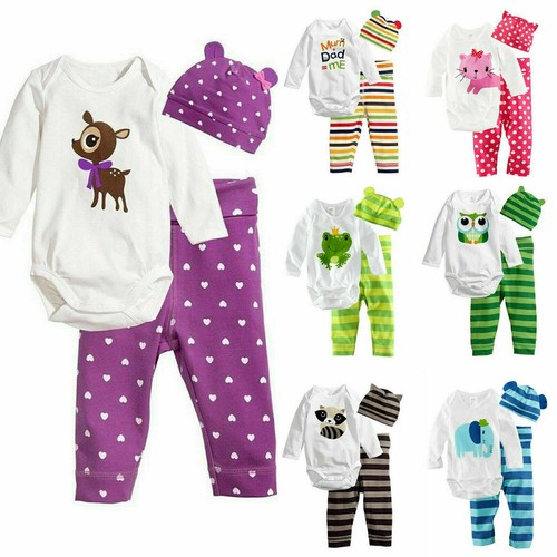 Newborn Baby Boy Girl Outfit Set Long Sleeve Pants Hat Kids Clothes Romper Tops- - Picture 3 of 13