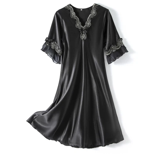 Damen Satin Nachthemd Sommer Luxus Weich Spitze Kurzarm V-Ausschnitt Schlafshirt - Bild 3 von 32
