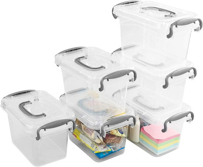 1.5 L Clear Mini Storae Box, 6-Pack Tiny Plastic Storage Latch Box