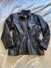 Vintage 1990s Black Leather Cinched Waist Moto Jacket Medium Pockets