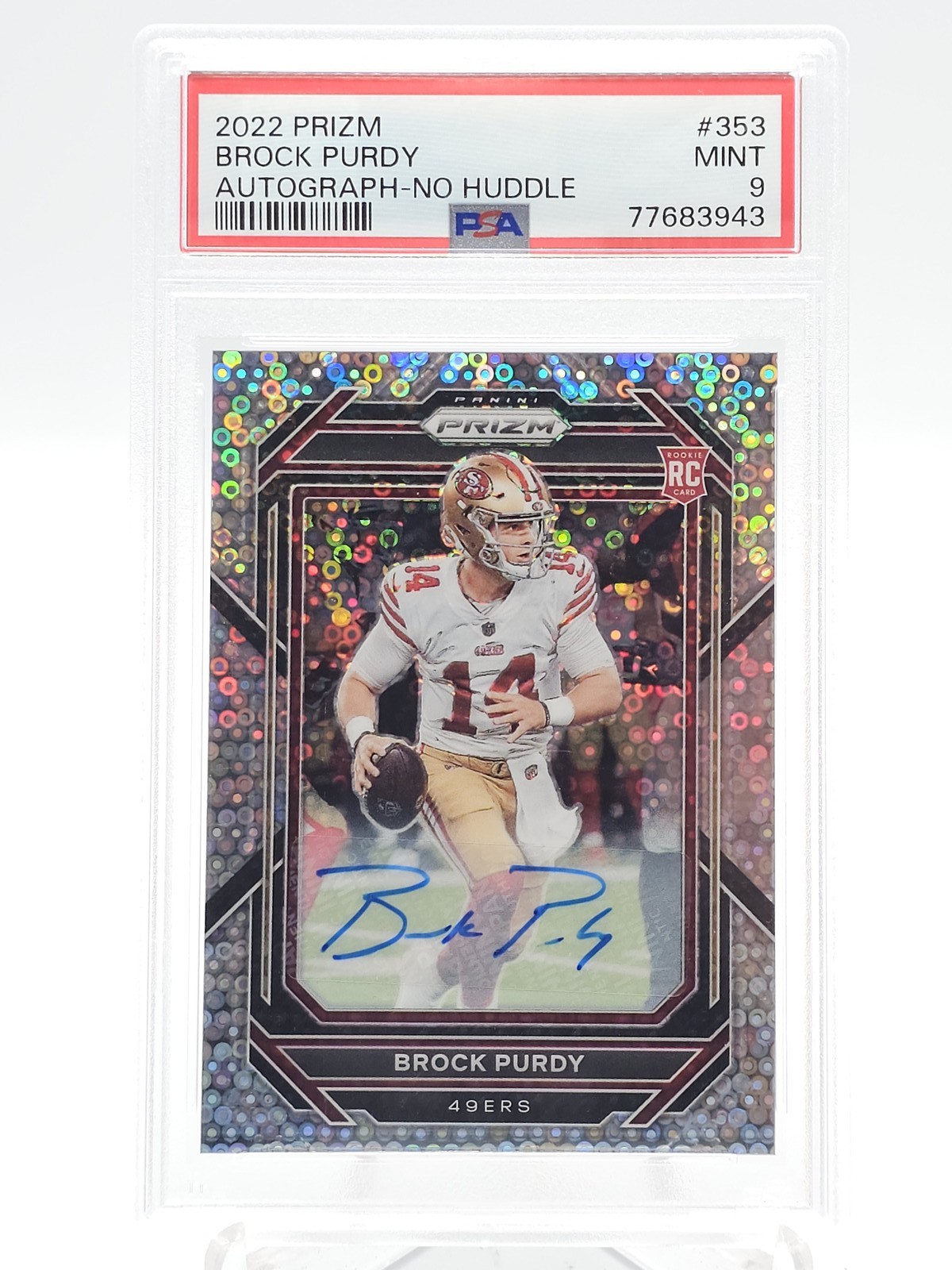BROCK PURDY 2022 PRIZM ROOKIE NO HUDDLE AUTO #353 49ERS PSA 9 MINT Q3263