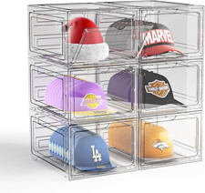 Hat Organizer Box for Baseball Caps, 6 Pack Plastic Hat Storage Display Case wit