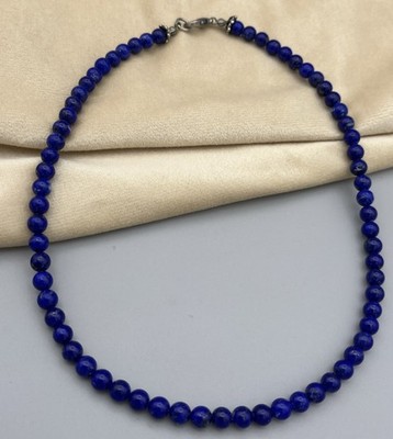 Lapislazuli Perlenkette 42 cm blau Edelstein rund Perlen Pyrit Flecken Vintage