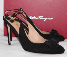 NWB Salvatore Ferragamo Black Suede Leather Pumps Heels Slingback Pumps Bow 9