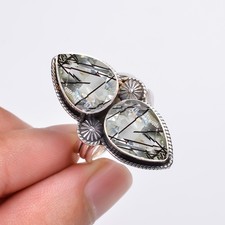 Black Rutilated Quartz Solid 925 Sterling Silver Jewelry Ring, Gift for Her