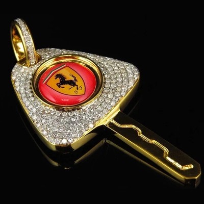 2Ct Round Cut Real Moissanite Ferrari Key Pendant 14K Yellow Gold Plated Silver