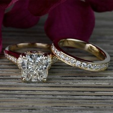 2 CT Cushion Cut VVS1 Moissanite Wedding Bridal Ring Set 14K Yellow Gold Plated