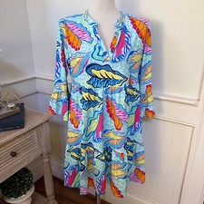 Mary Square Tropical Leaf Tiered Babydoll Dress Mint Green Multicolor Large